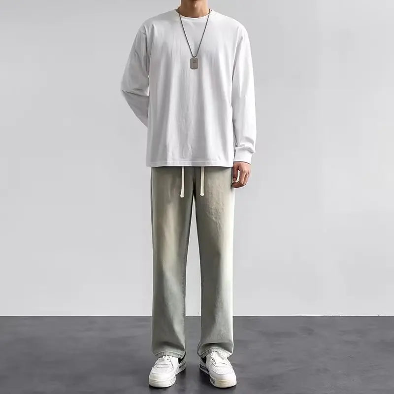 Fashion Men's Solid Color Drape Jeans Loose Straight Korean Vintage High Street Hip-hop Y2K Casual Daily Dragging Wide-leg Pants