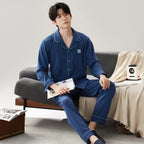 Pajamas Suit Men Pure Cotton Long-sleeved Striped Printed Cardigan Sleepwear Winter Soft Breathable Homewear Men Loungewear Set