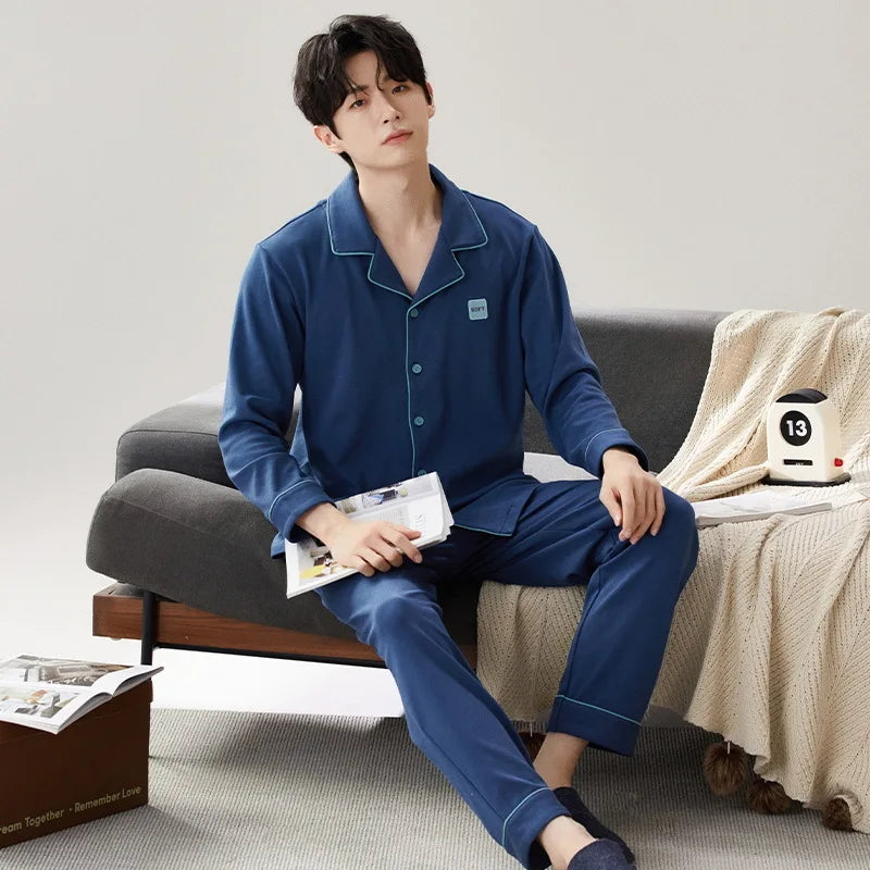 Pajamas Suit Men Pure Cotton Long-sleeved Striped Printed Cardigan Sleepwear Winter Soft Breathable Homewear Men Loungewear Set