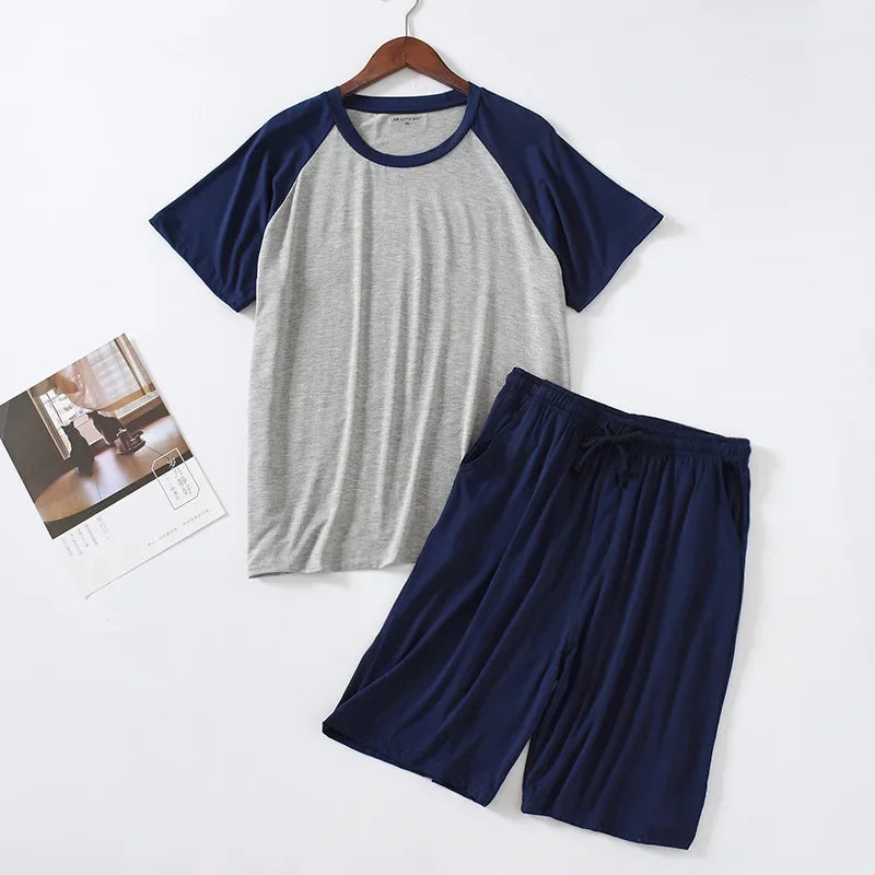 2025 Men's Summer Modal Pajama Sets O-neck Short Sleeve Tops and Short Pants Home Wear Man Loose Soft Colorblock Nightwear Sets