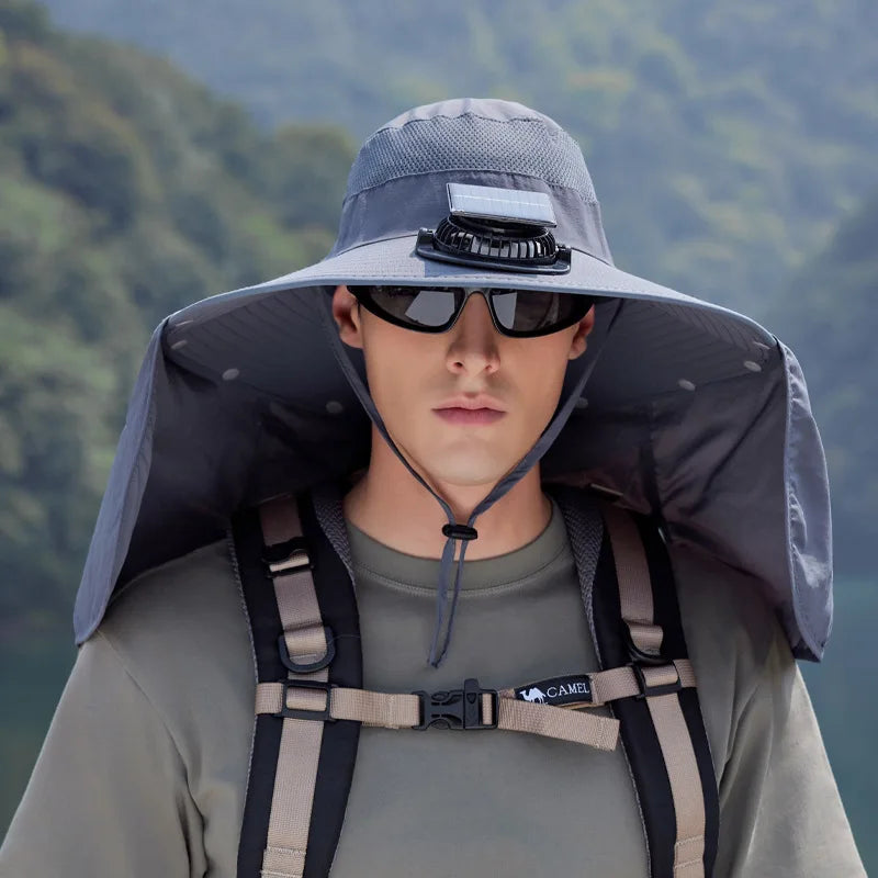 Summer Solar Fan Sun Hat For Men Women Shawl Neck Protection Fisherman Hat Outdoor Fishing Travel Visor Large Brim Bucket Hat