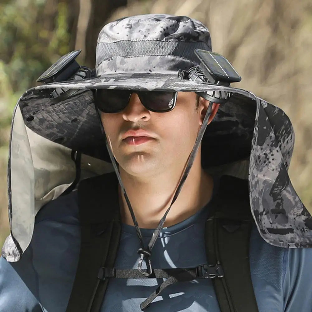 Solar Fan Hat With Neck Flap USB Rechargeable UV Dual Cooling Fan Fishing Hat Foldable Men Women Hiking Sun Hat