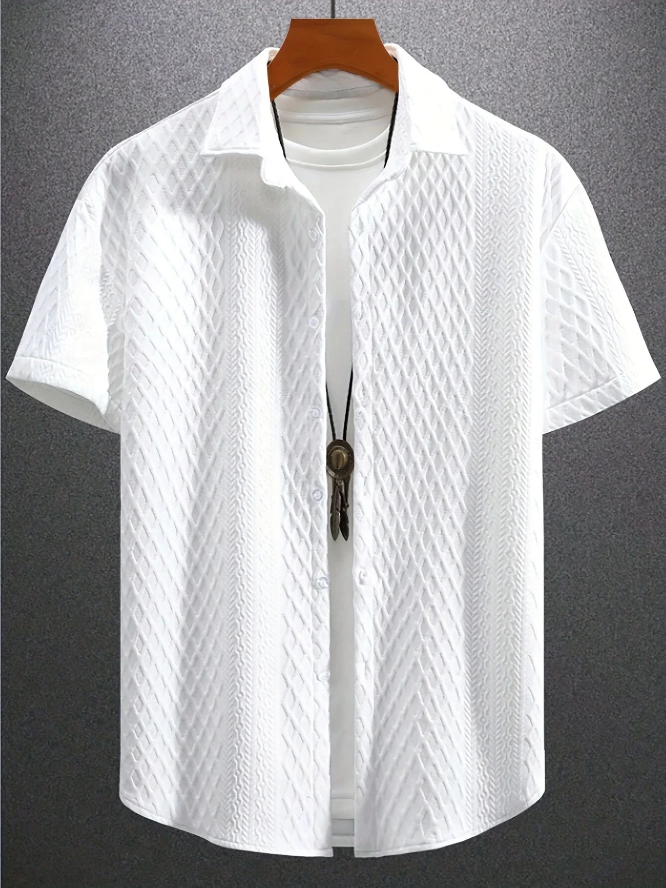Summer casual short-sleeved men's shirt Casual Street wear jacquard lapel button down solid color men's vintage shirt S-2XL