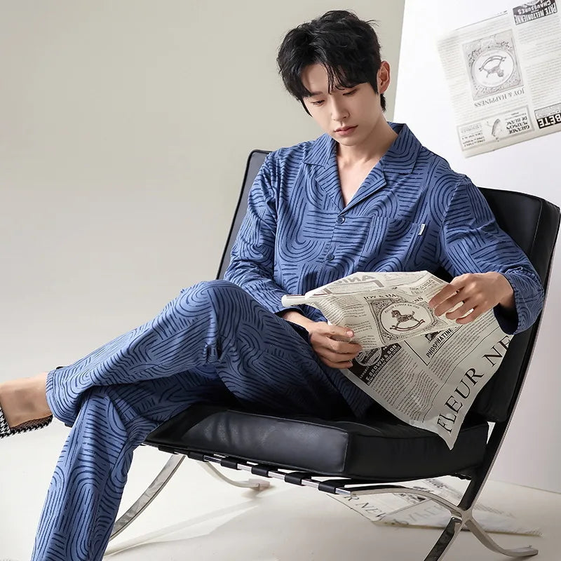 Pajamas Suit Men Pure Cotton Long-sleeved Striped Printed Cardigan Sleepwear Winter Soft Breathable Homewear Men Loungewear Set