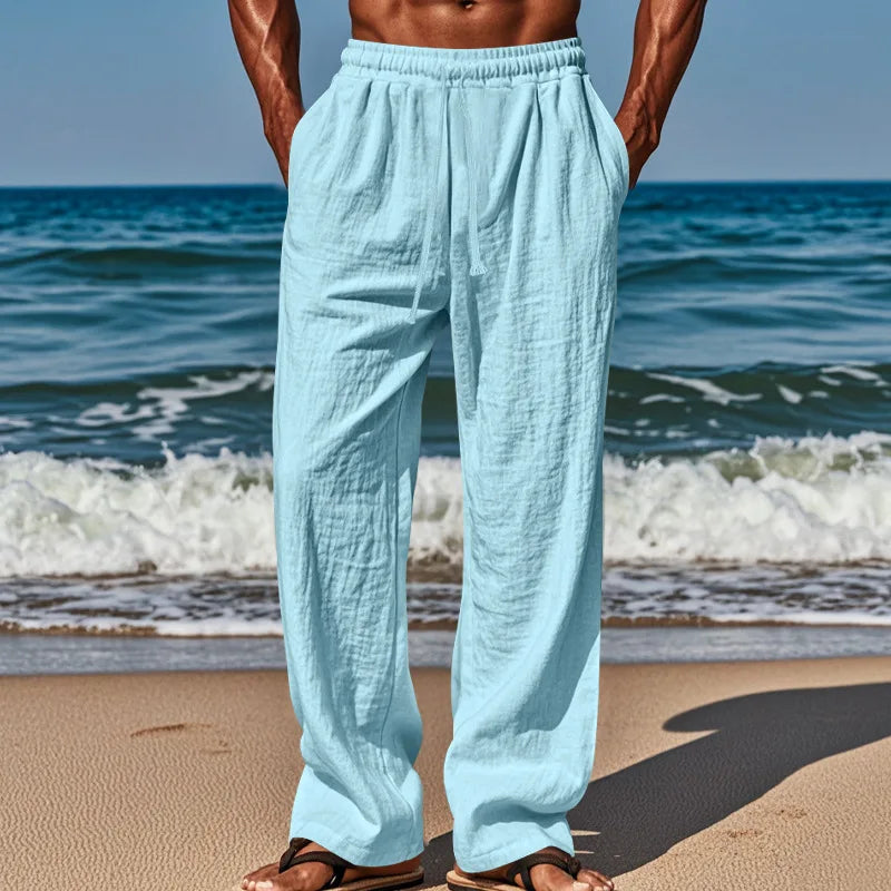 Spring Summer Thin Cotton Linen Loose Pants for Men Casual Elastic Waistband Solid Color Trousers Plus Size Beach Pants Man