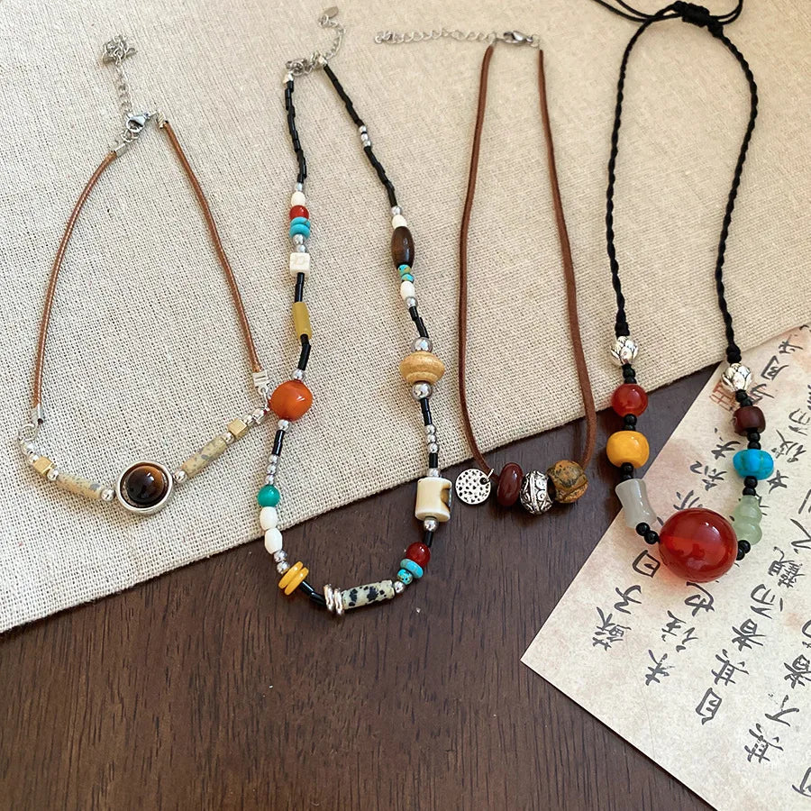 Vintage Ethnic Style Stone Resin Geometric Circular Pendant Bead Necklace Collarbone Chain Choker Aesthetic Jewelry For Women