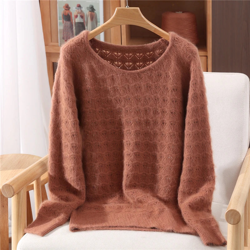 Chic Hollow Out O-Neck Women's Clothing Autumn Winter 100% Mink Cashmere Knitwear Female Autumn Winter Basic Pullover Sweater