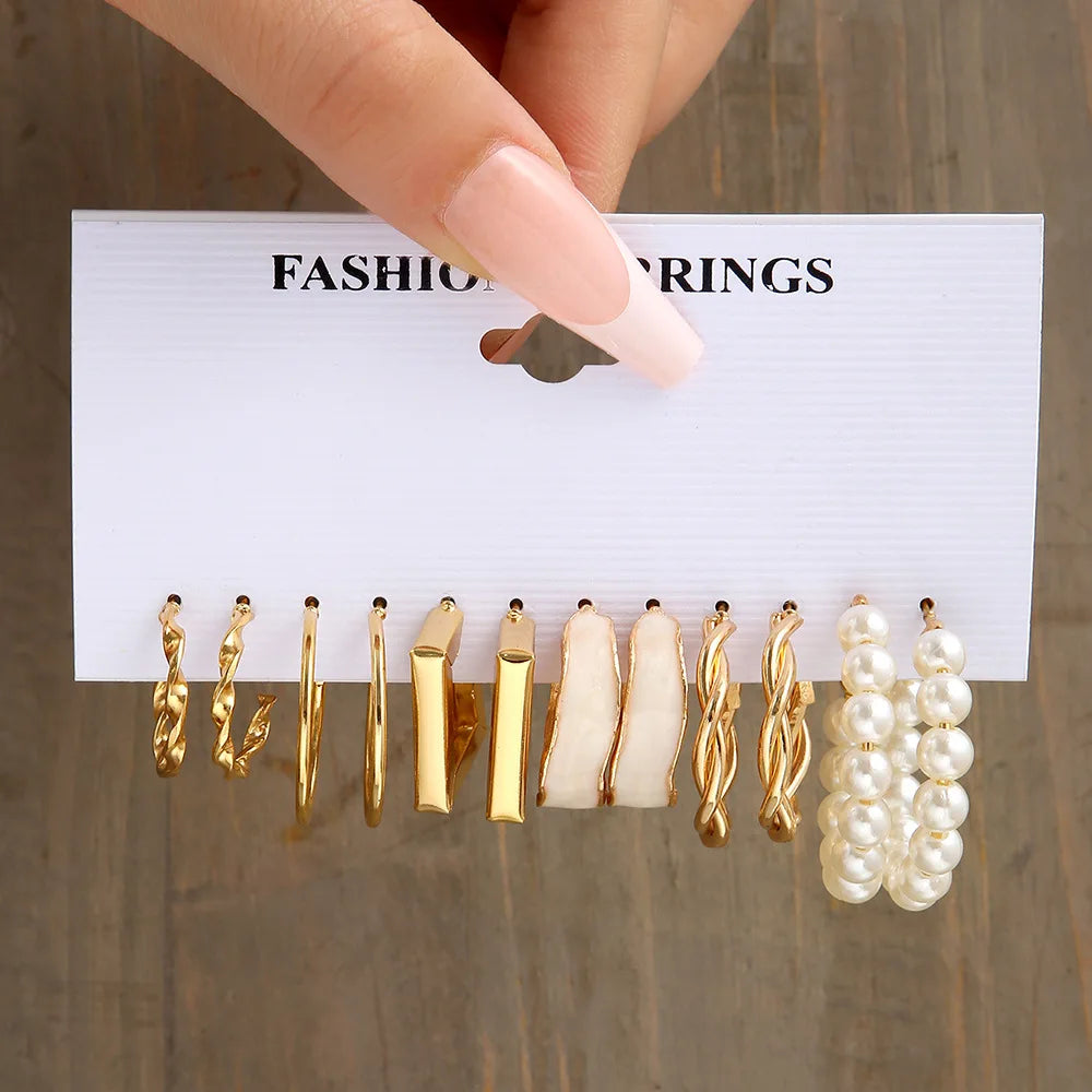 Boho Silver Color Earrings Set for Women Vintage Heart Pearl Metal Geometric Twist Hoops Earrings 2024 New Trendy Jewerly Gifts