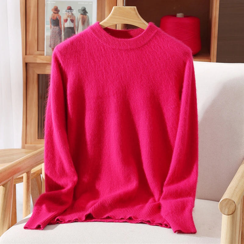 Women's 100% Mink Cashmere Sweater Crewneck Pullover Sweater Fleece Knitted Premium Clothing Winter Warm Long Sleeve Pullover