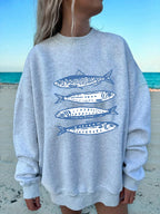Sardines Blue Printing Sweatshirts Womens Crewneck Basics Hoodies Loose Fleece Warm Pullover Winter Comfortable Womans Clothes