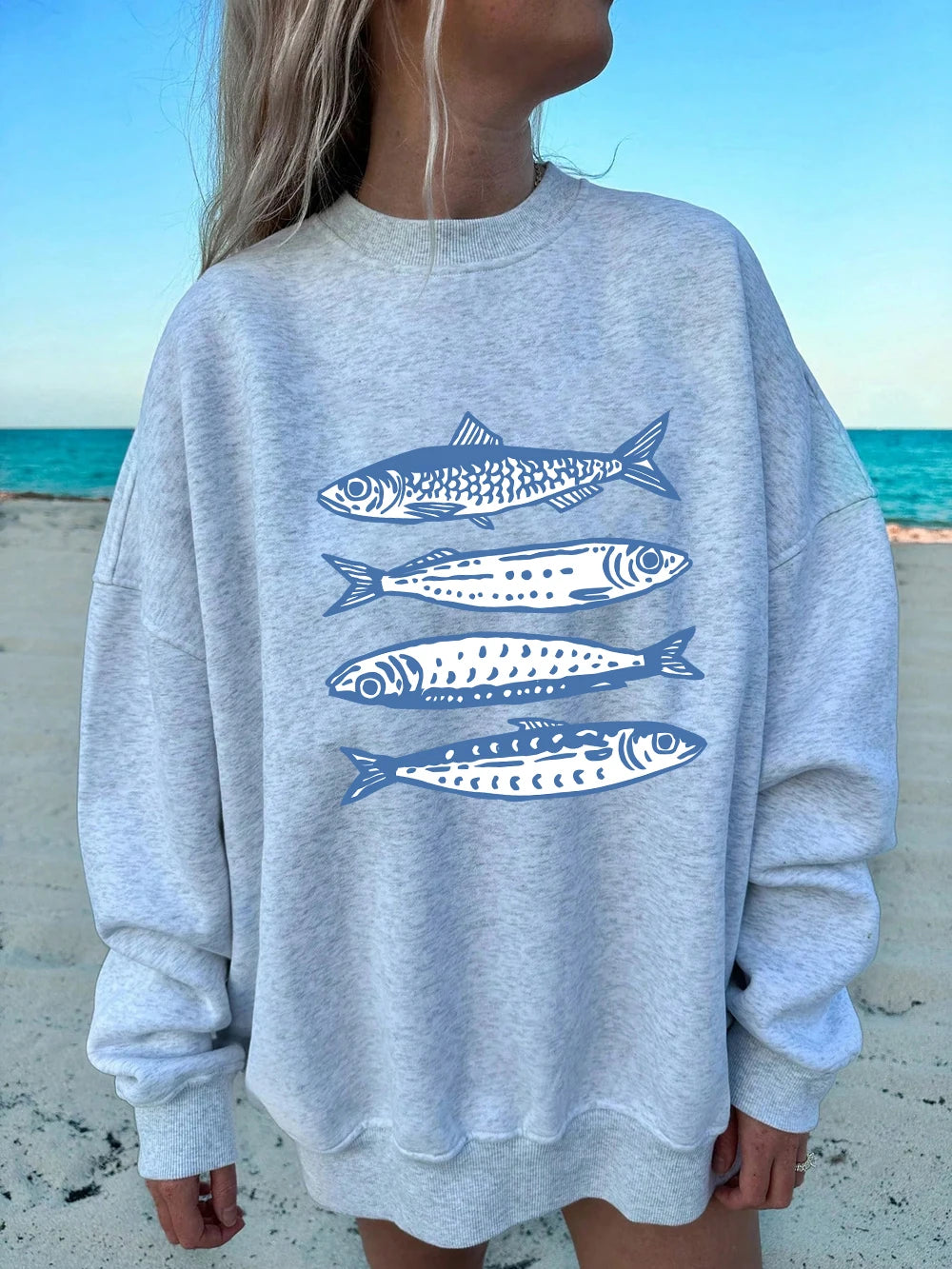 Sardines Blue Printing Sweatshirts Womens Crewneck Basics Hoodies Loose Fleece Warm Pullover Winter Comfortable Womans Clothes