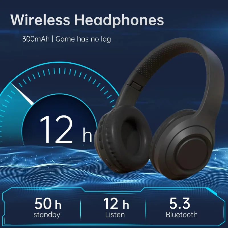 Over Ear HIFI Stereo Headsets Wireless Bluetooth5.3 Headphones Sports Gaming Earphones with HD Mic Support AUX noise reduction