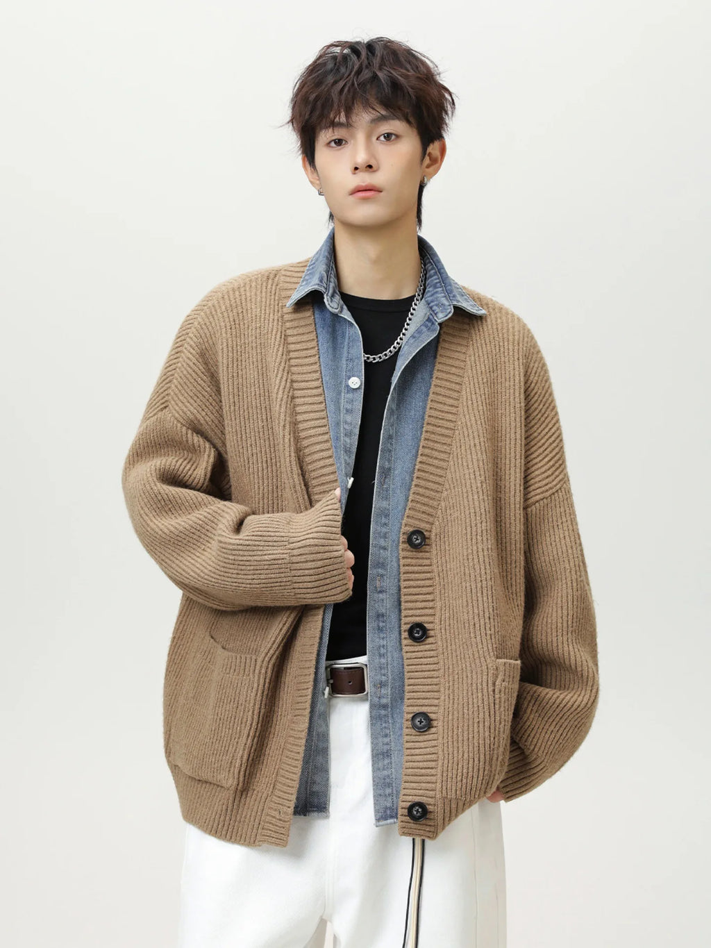 Thick Needle Texture Thickened Lazy Wind Cardigan Sweater Men's Autumn  Winter Keep Warm Retro Solid V-Neck Knit Sweater Jacket