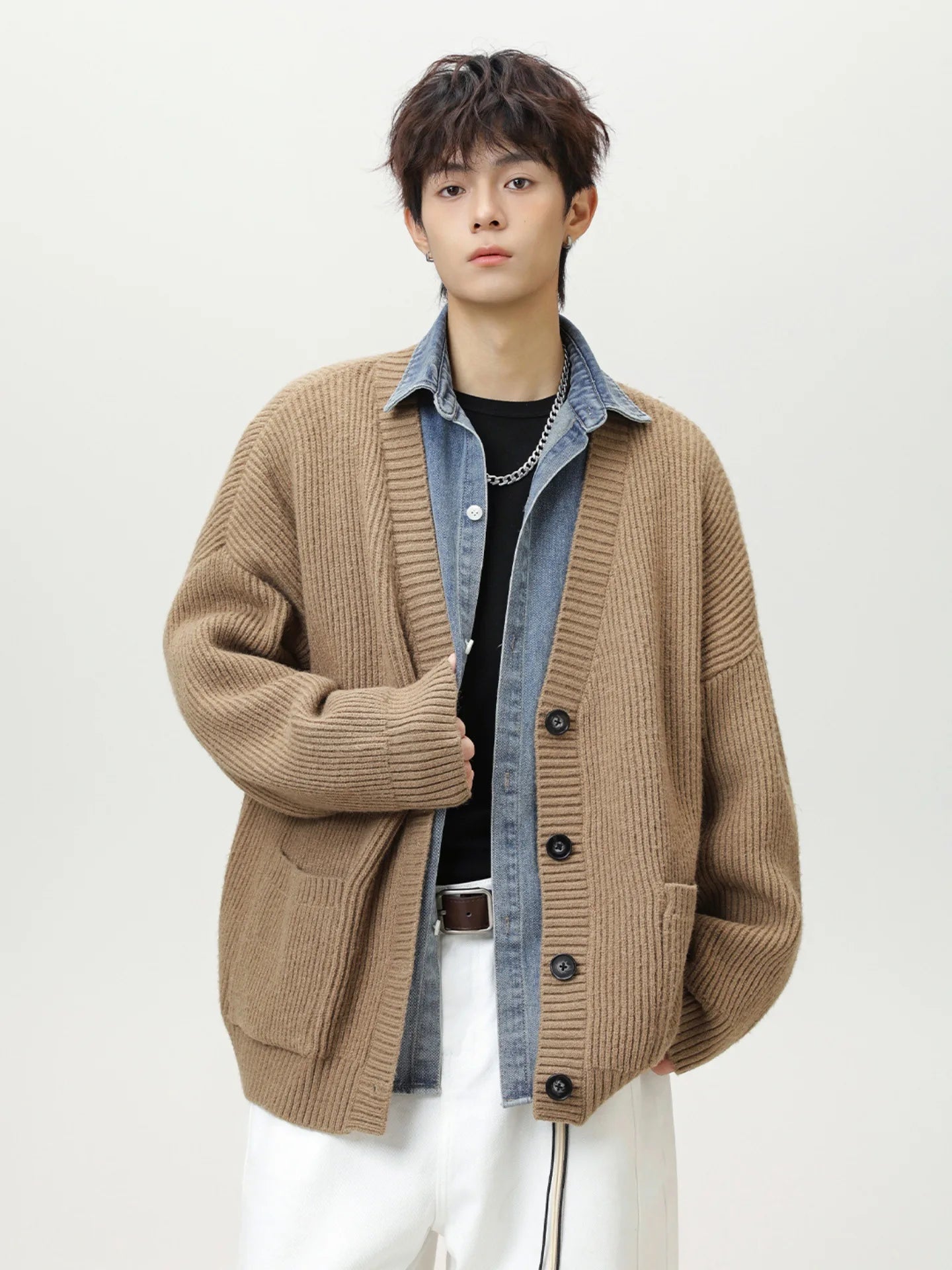 Thick Needle Texture Thickened Lazy Wind Cardigan Sweater Men's Autumn  Winter Keep Warm Retro Solid V-Neck Knit Sweater Jacket