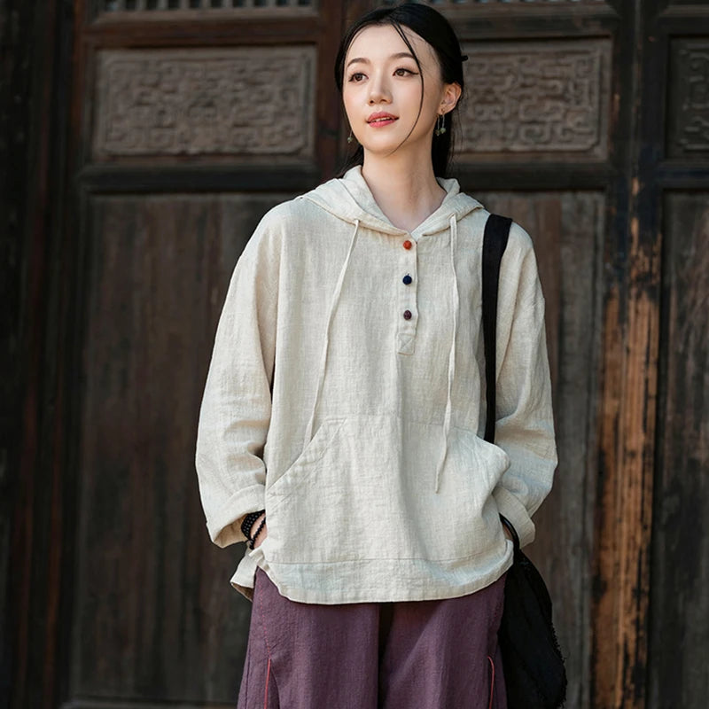 Women Cotton Linen Casual Hoodies New Arrival 2025 Autumn Vintage Style Plain Color Female Long Sleeve Hooded Pullovers M1838