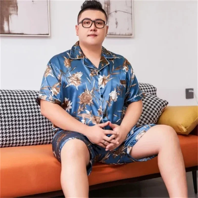 160kg 5XL Plus Size Satin Loose Loungewear Men Short Sleeve Ice Silk Pajama Button Down 2-Piece Pjs Set Sleepwear Home Clothes