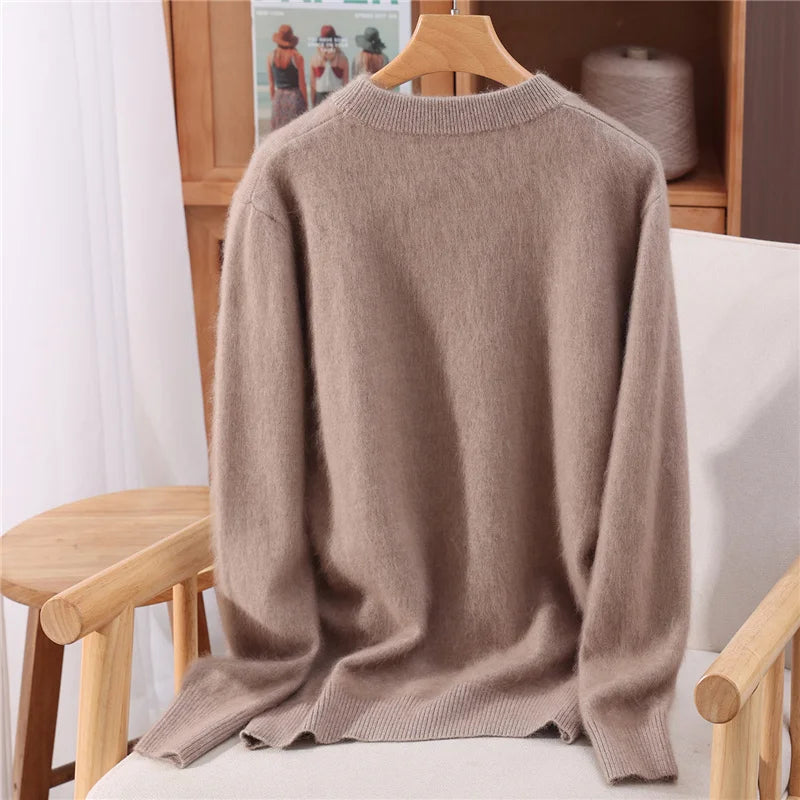 Women's 100% Mink Cashmere Sweater Crewneck Pullover Sweater Fleece Knitted Premium Clothing Winter Warm Long Sleeve Pullover