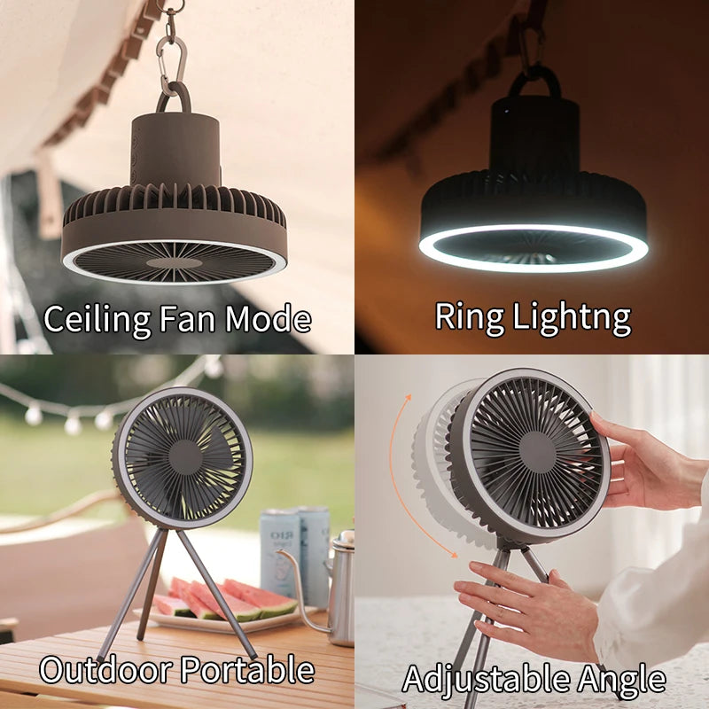 10000mAh Camping Fan Rechargeable Desktop Portable Circulator Wireless Ceiling Electric Fan with Power Bank LED Lighting