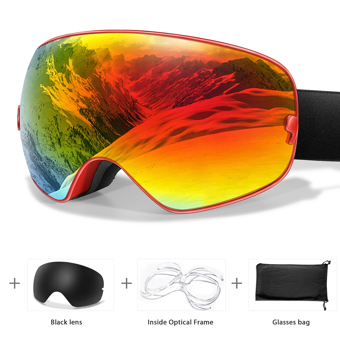 Ourdoor Sports Teen Men Women Ski Goggles-Anti-fog UV400 Eyewear, Christmas and New Year Gift, Free Black Lens and Optical Frame