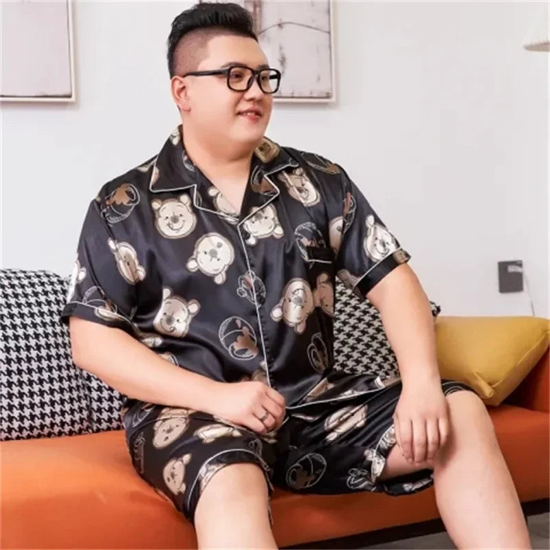160kg 5XL Plus Size Satin Loose Loungewear Men Short Sleeve Ice Silk Pajama Button Down 2-Piece Pjs Set Sleepwear Home Clothes