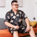 160kg 5XL Plus Size Satin Loose Loungewear Men Short Sleeve Ice Silk Pajama Button Down 2-Piece Pjs Set Sleepwear Home Clothes
