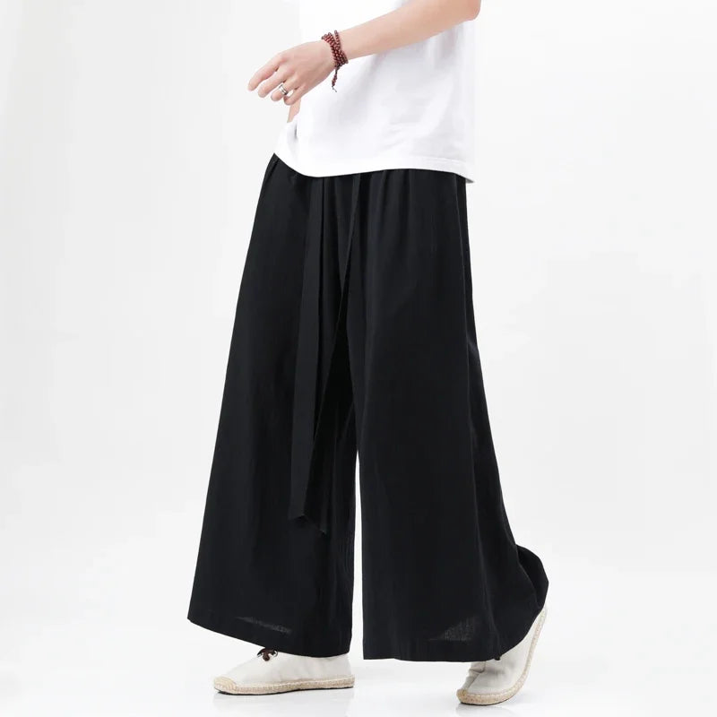 Chinese Style Linen Cotton Retro Pants Man Summer Kimono  Solid Color Traditional Pants Male Streetwear Casual Wide-Leg Trousers