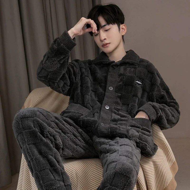 2Pcs/set men's pajamas autumn and winter padded and thickened warm long-sleeved trousers coral fleece homewear men's clothing