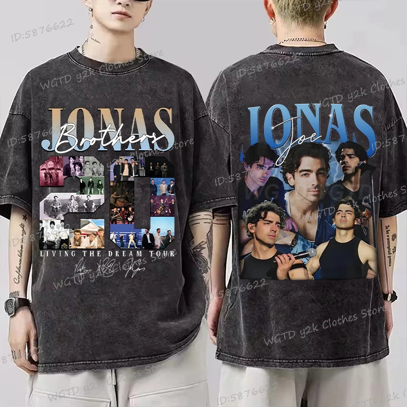 Vintage Jonas Bros 20th Annivesary Tour 2025 Print T-Shirt Short Sleeve Washed Tee Summer Women Men Shirt Casual Cotton Clothing