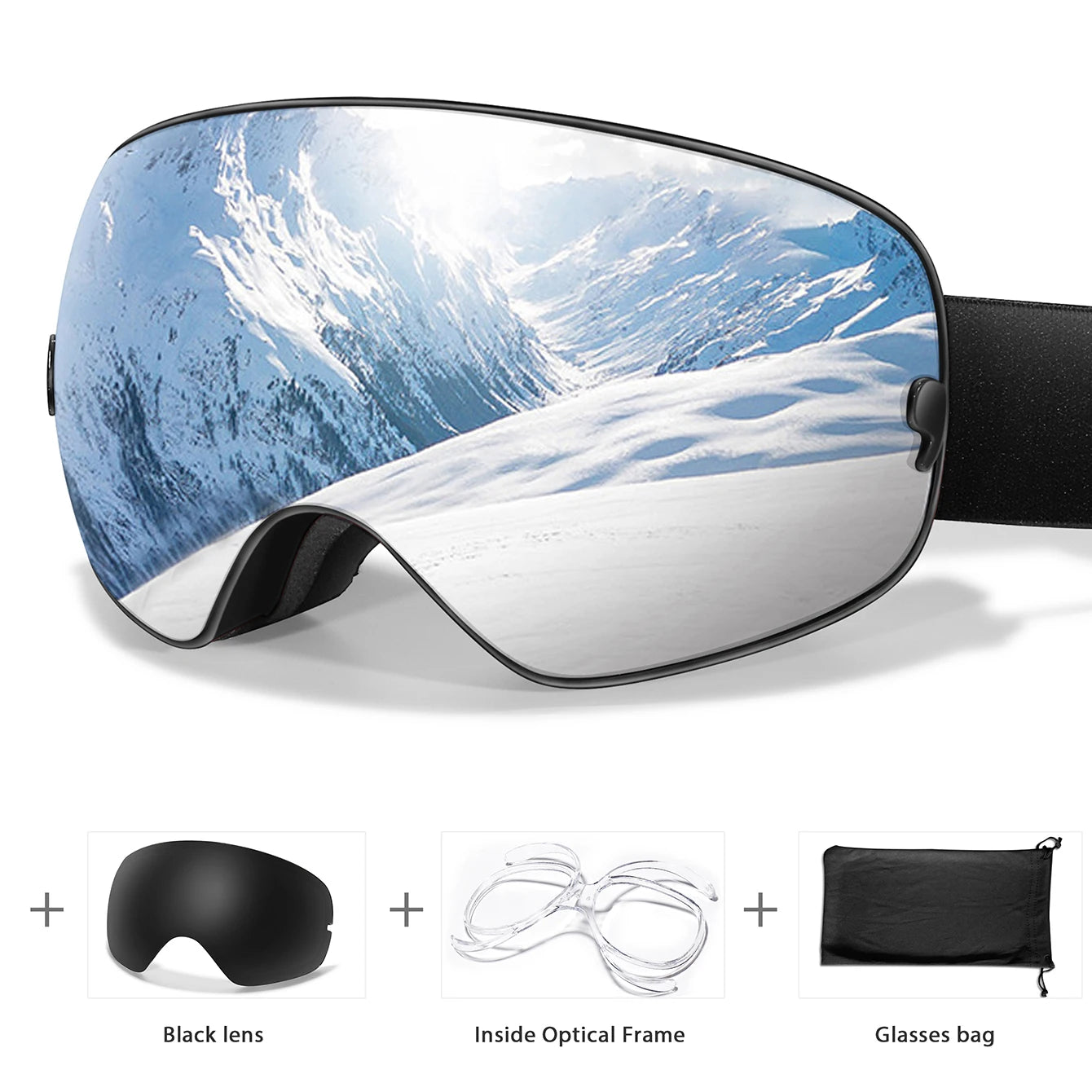 Ourdoor Sports Teen Men Women Ski Goggles-Anti-fog UV400 Eyewear, Christmas and New Year Gift, Free Black Lens and Optical Frame