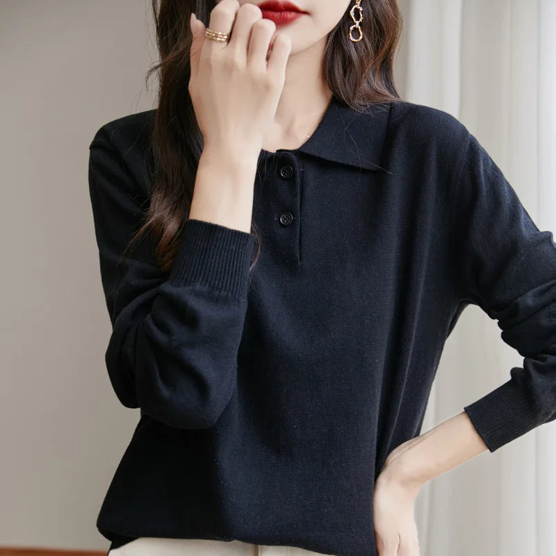 New Women Pure Cotton Sweater Polo Collar Pullover Casual Solid Color Knitwear Long Sleeve Autumn Winter Bottoming Clothing Tops