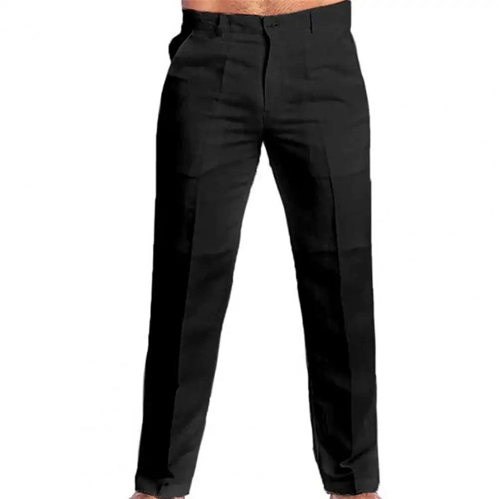 Men Cotton Linen Pants Casual Long Pants Stylish Men's Mid-rise Solid Color Slim Fit Trousers Zipper Fly Button Men Trousers
