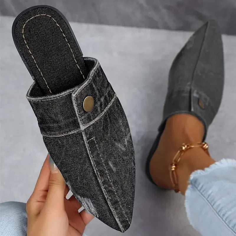 Women Slippers New Pointed Toe Denim Flat Bottom Half Slippers Women Fashion Large Size Sandals Slides Women Zapatos De Mujer
