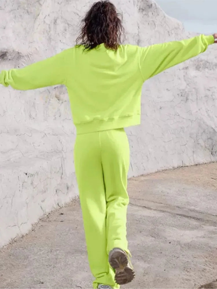 Women Fall Fashion Tracksuits Casual Long Sleeved Pullover Sets Two Piece Set Spring Solid Color Round Neck Pullover Pants Suits