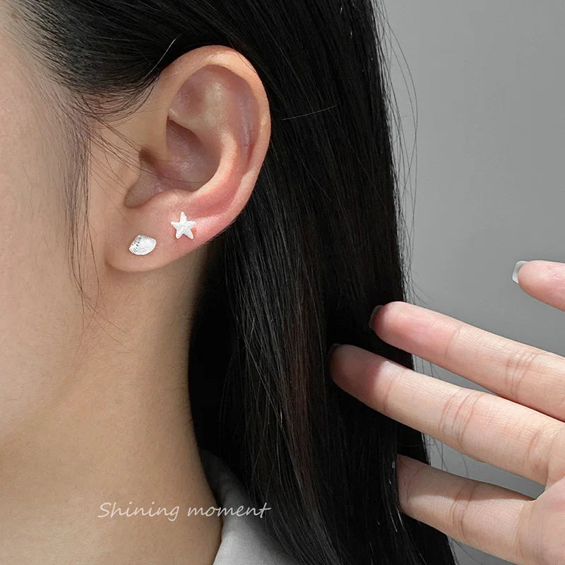 INZATT Real 925 Sterling Silver Asymmetric Starfish Shells Mini Stud Earrings for Women Classic Fine Jewelry Animal Accessory