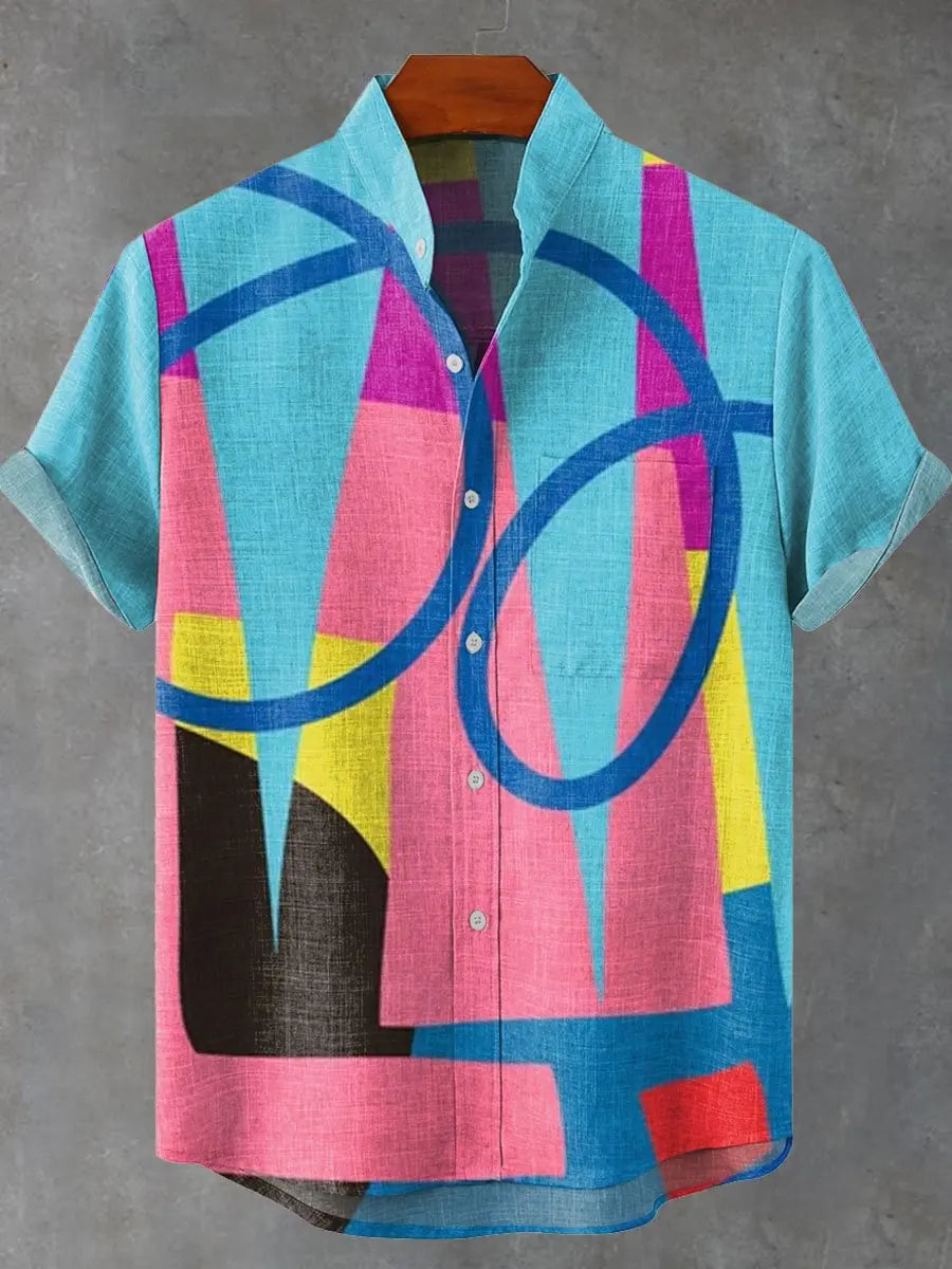 Men's summer casual fashion graffiti hip-hop style pattern linen short sleeved shirt high-quality button top