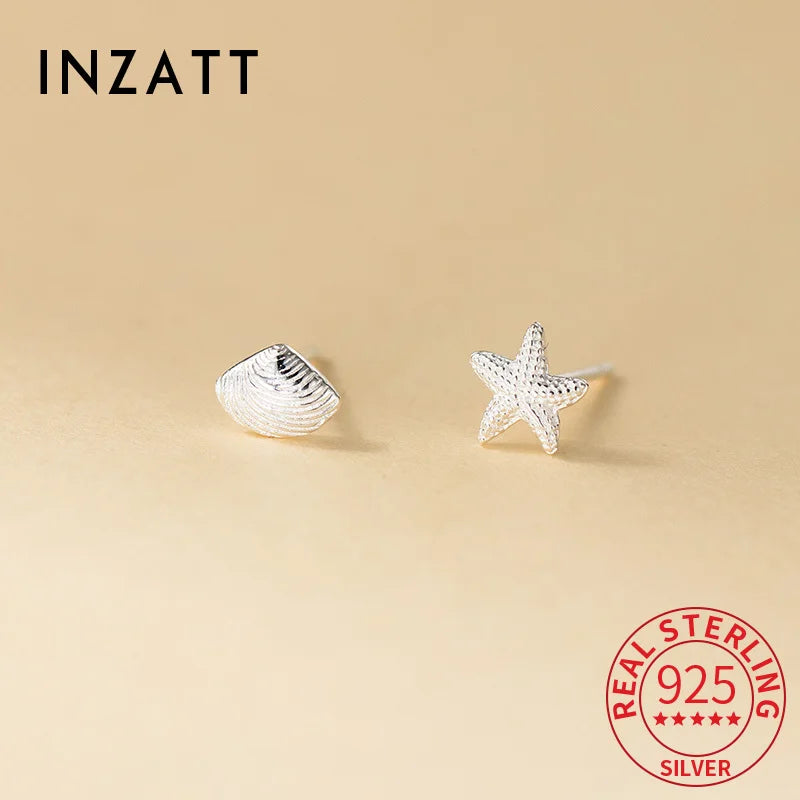 INZATT Real 925 Sterling Silver Asymmetric Starfish Shells Mini Stud Earrings for Women Classic Fine Jewelry Animal Accessory