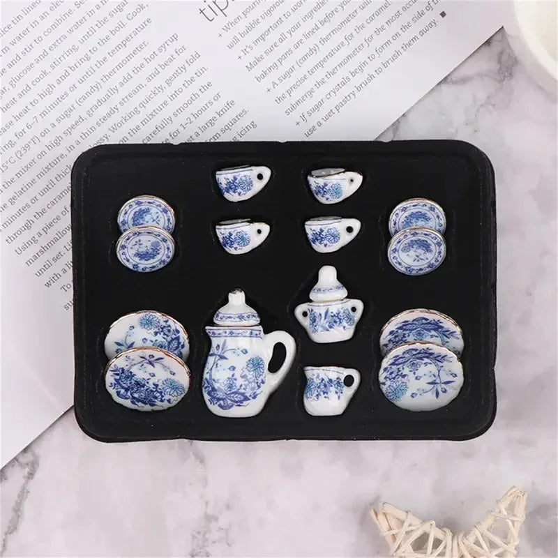 15Pcs/Set Vintage Miniature White Porcelain Tea Set Pot Cup Plate Tableware Dollhouse House Model Room Items Furniture Decor