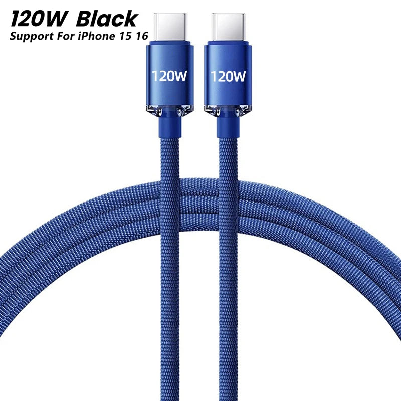 NNBILI 120W USB C Cable Super PD Fast Charger Type C To C Cable For iPhone 15 16 Samsung Xiaomi Huawei Fast Charging Data Cord