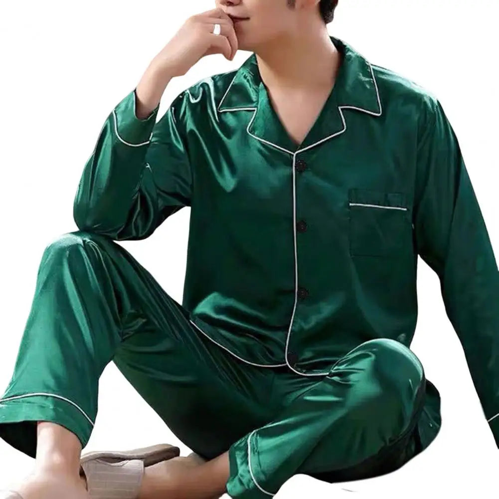 1 Set Men Sleepwear Solid Color Long Sleeved Single Breasted Home Wear Ice Silk Loose Plus Size Pajamas Set For Home