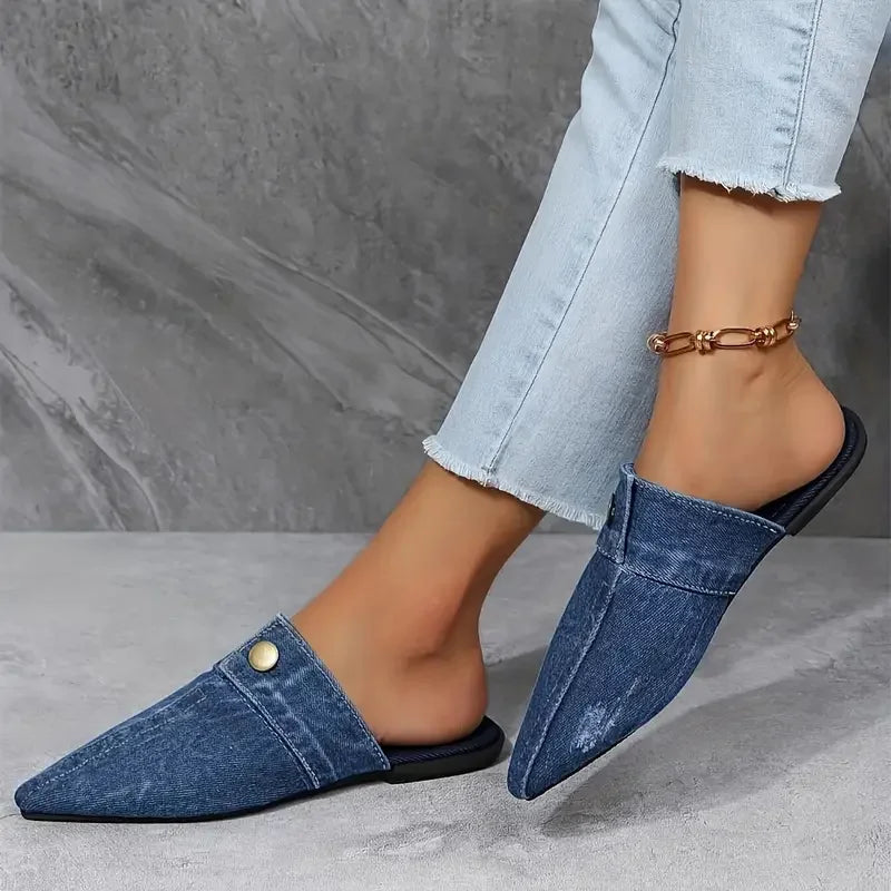 Women Slippers New Pointed Toe Denim Flat Bottom Half Slippers Women Fashion Large Size Sandals Slides Women Zapatos De Mujer