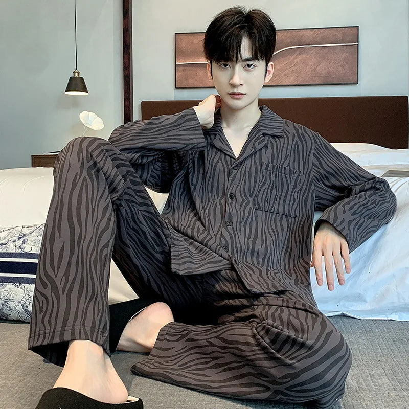 Pajamas Suit Men Pure Cotton Long-sleeved Striped Printed Cardigan Sleepwear Winter Soft Breathable Homewear Men Loungewear Set