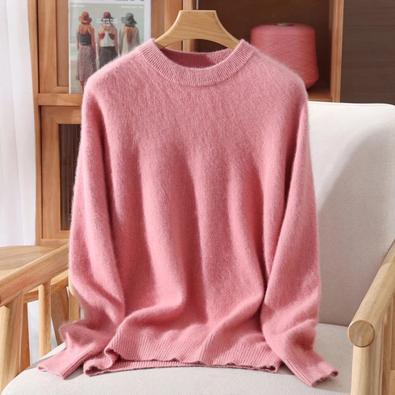Women's 100% Mink Cashmere Sweater Crewneck Pullover Sweater Fleece Knitted Premium Clothing Winter Warm Long Sleeve Pullover