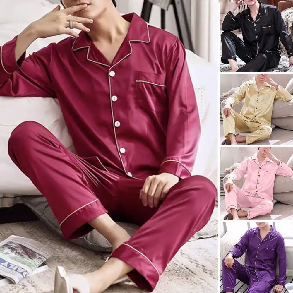 1 Set Men Sleepwear Solid Color Long Sleeved Single Breasted Home Wear Ice Silk Loose Plus Size Pajamas Set For Home
