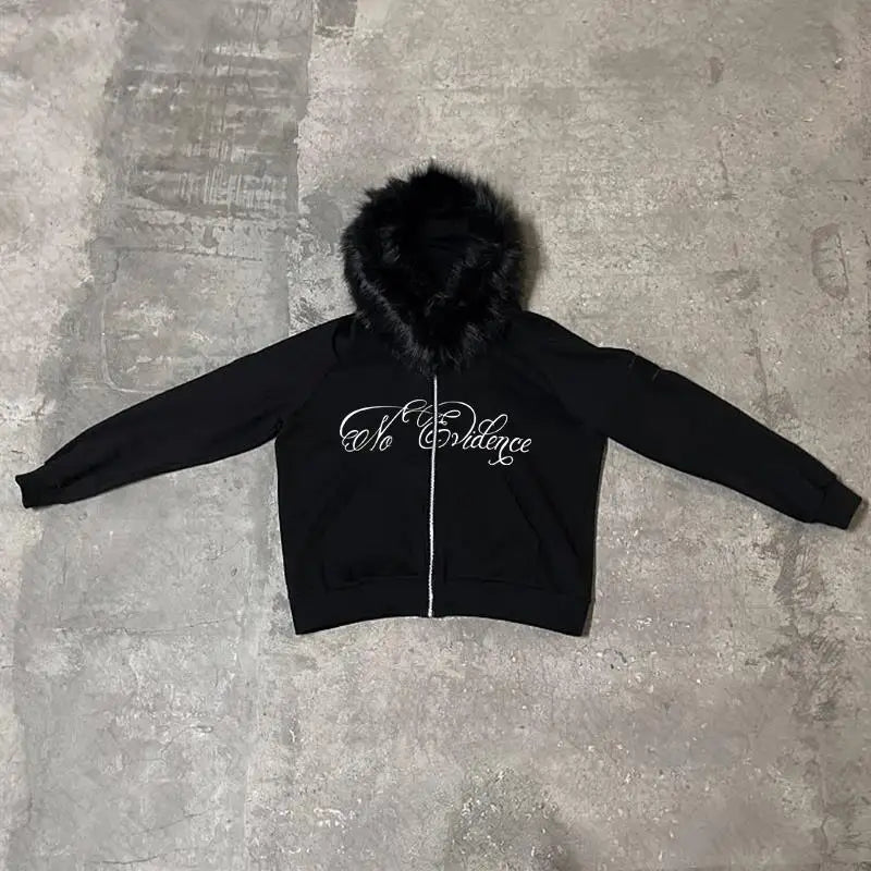 Y2k Gothic Punk Hip Hop Letter Print Faux Fur Collar Zip Up Hoodie Harajuku Aesthetic 2000s Hoodies Clothes Streetwear EMO Girl
