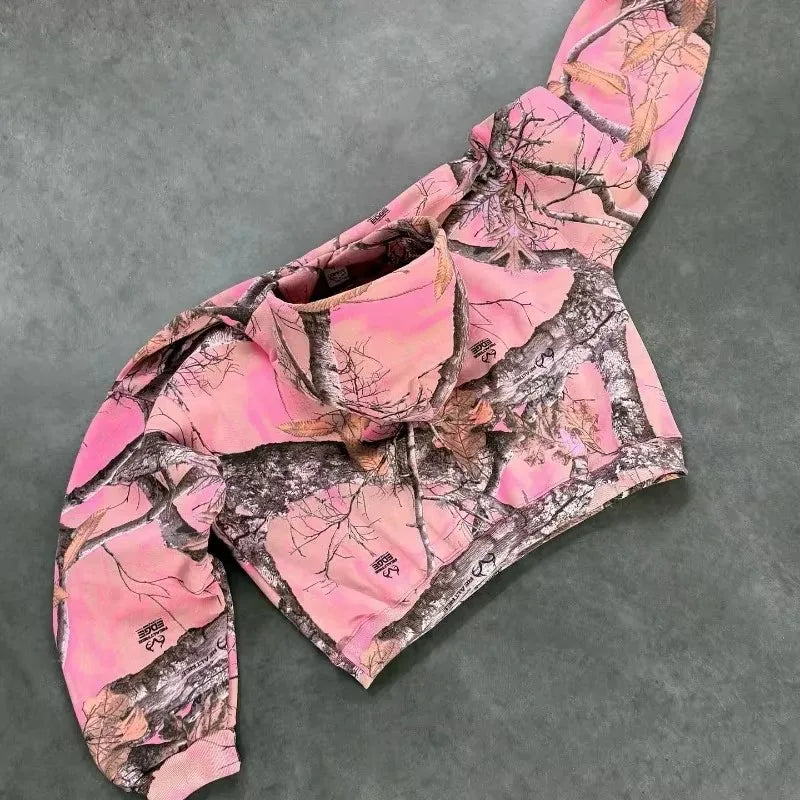 Y2K Retro Hoodie Men Pink Branch Print Camouflage Pattern Sweatshirt High Street Hip Hop Streetwear Goth Camo Hoodie Unisex Coat