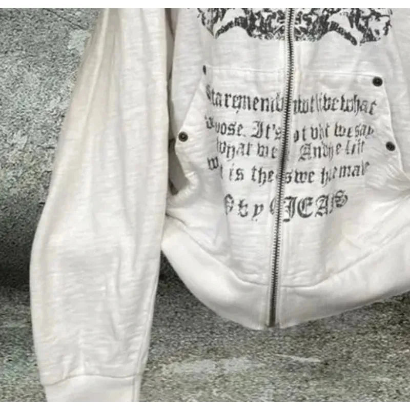 Y2k Emo Women Vintage Streetwear Letter Print Hoodie Punk Zip Up Hoodies Graphic Oversized Sweatshirt Goth Harajuku Alt Clothes