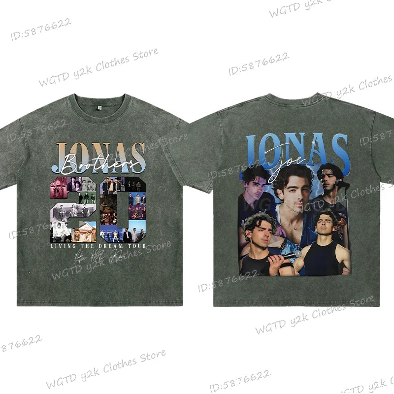 Vintage Jonas Bros 20th Annivesary Tour 2025 Print T-Shirt Short Sleeve Washed Tee Summer Women Men Shirt Casual Cotton Clothing