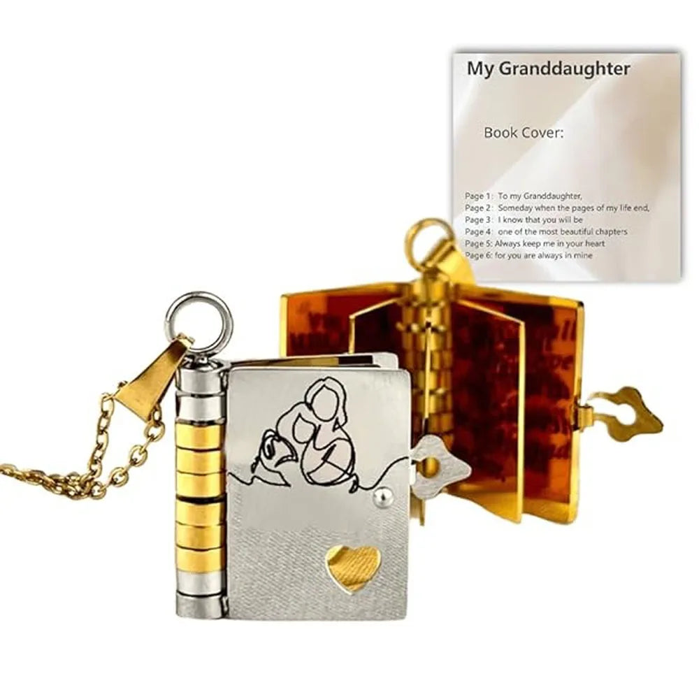 Openable Daughter Book Necklace Stainless Steel Gold Color Message Mini Book Pendant Necklace with Pages of Engraved Information
