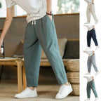 Men Cropped Trousers Men Casual Pants Men's Loose Straight Drawstring Ninth Pants with Elastic Waist Pockets Solid for Daily