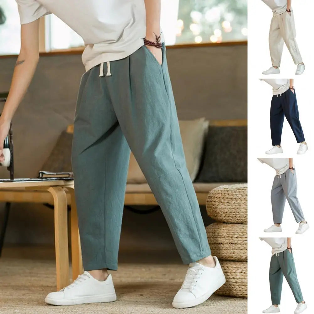 Men Cropped Trousers Men Casual Pants Men's Loose Straight Drawstring Ninth Pants with Elastic Waist Pockets Solid for Daily